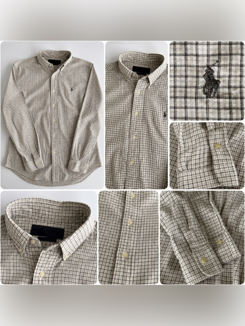 Ralph Lauren Small Check Button-Down Shirt in Cream & Gray